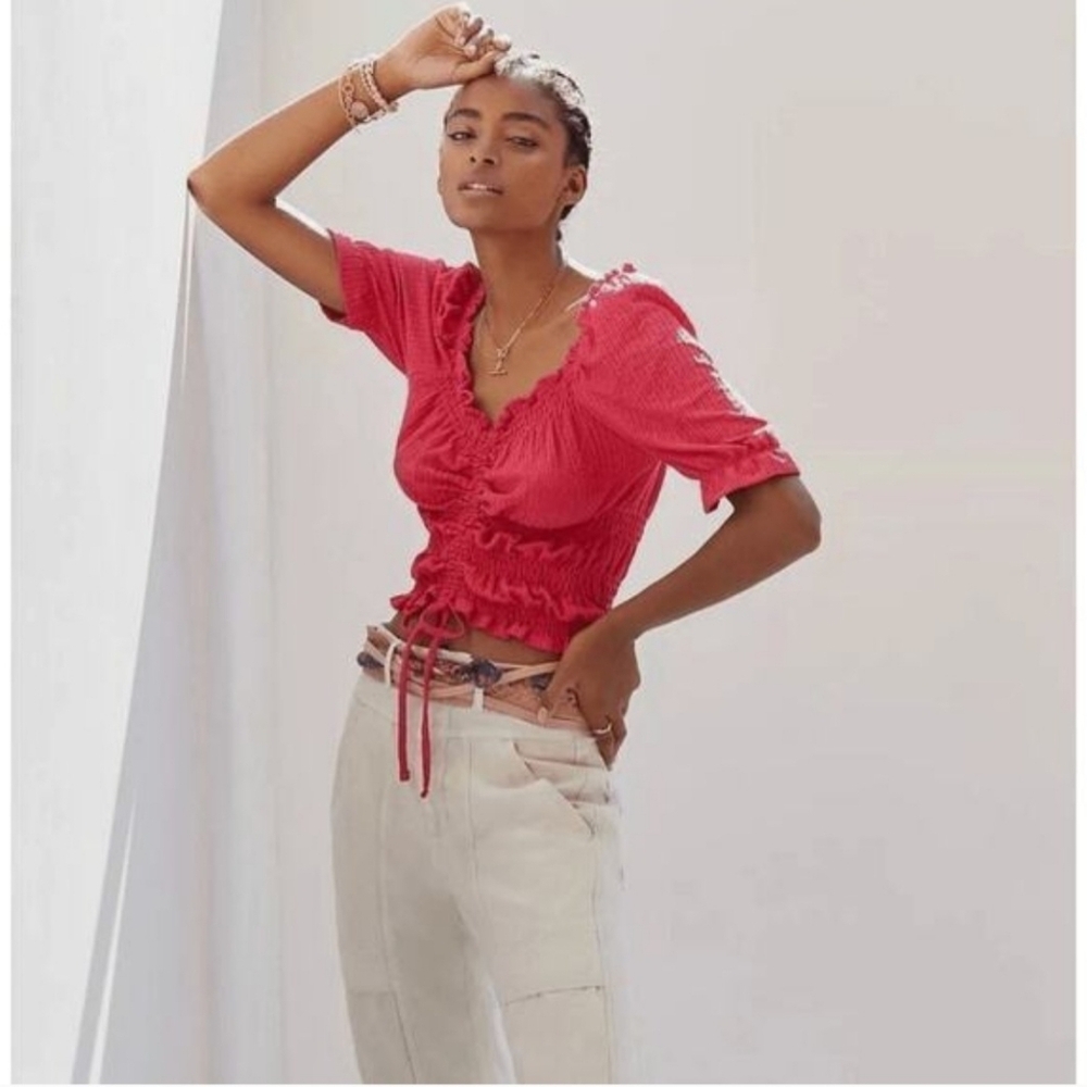Anthropologie Pilcro Ruffle Puff Sleeve Ruched Waist Top Dark Pink Fuschia XS
